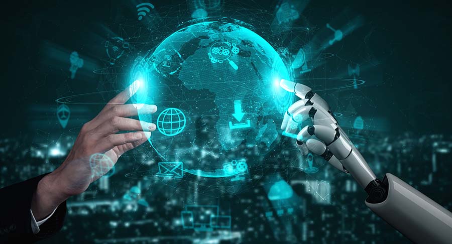 Human and robotic hands reaching toward a glowing digital globe with tech icons.